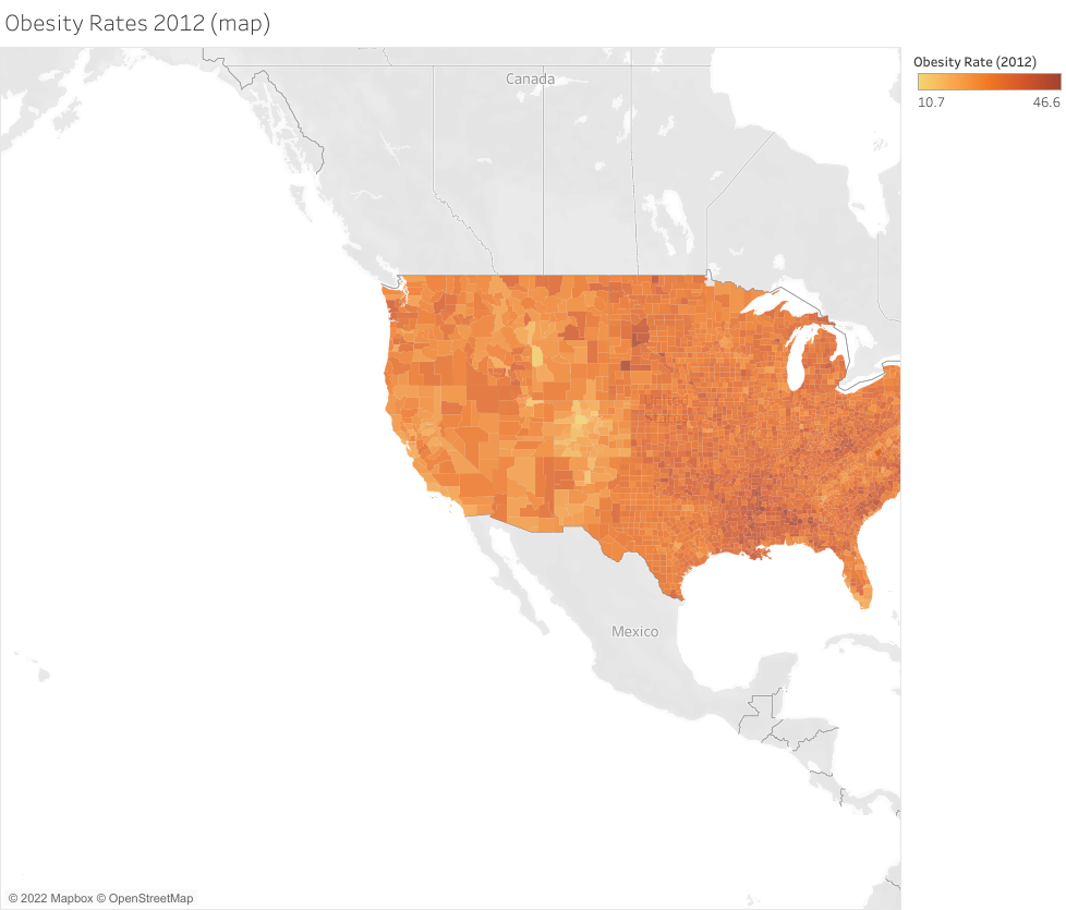 Obesity Rates 2012 (map) n در نرم افزار تبلو Tableau