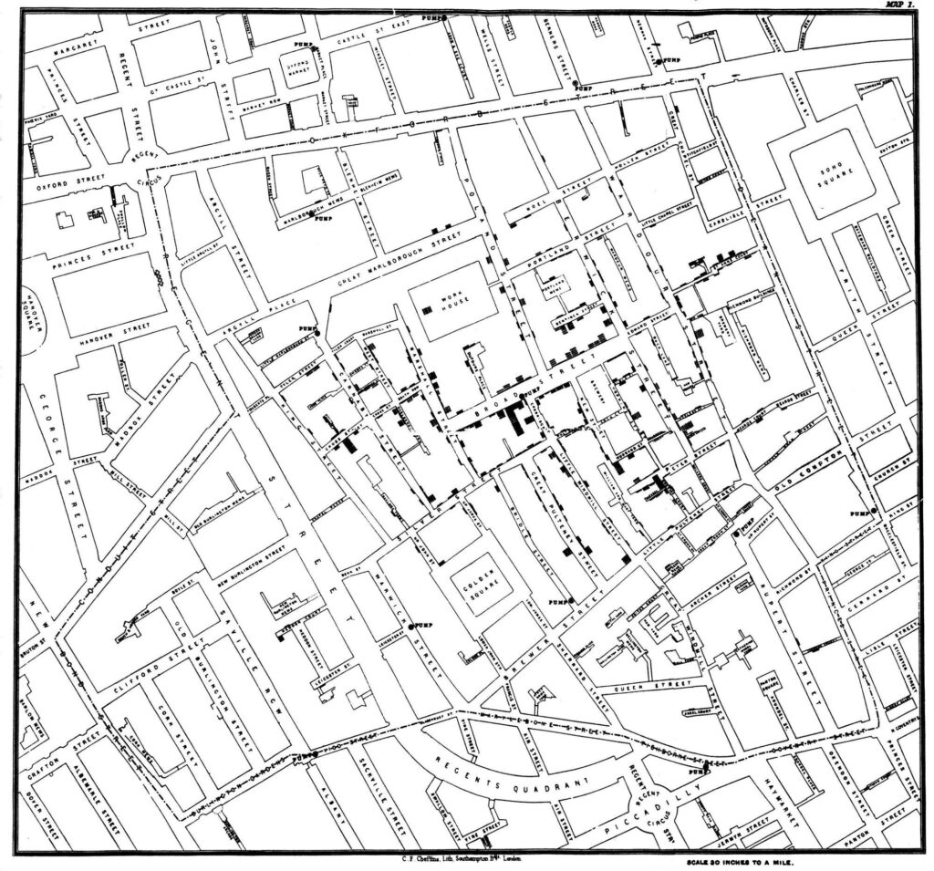 نقشه شیوع وبا در خیابان وسیع 1854